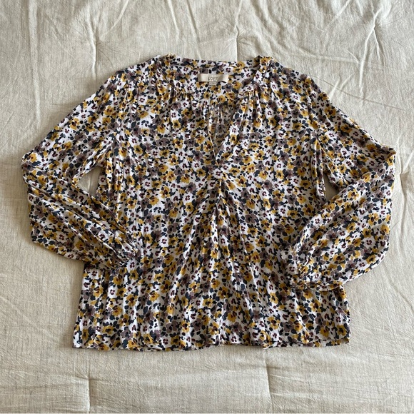 Loft V Neck Floral Long Sleeve Blouse Fall Work Top Yellow White Purple Madewell - Picture 1 of 8